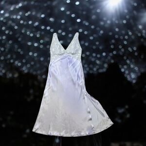 Cerie Baby Blue lace bust, silky long slip dress with slit Sz M